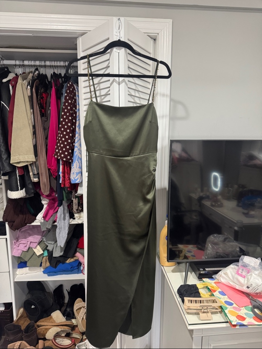 Zara Green Satin Slip Dress with Chain Straps - wedding guest dress
